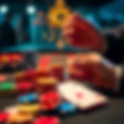 An overview of casino games featuring colorful chips, cards, and a player making a bet with a $10,000 credit.