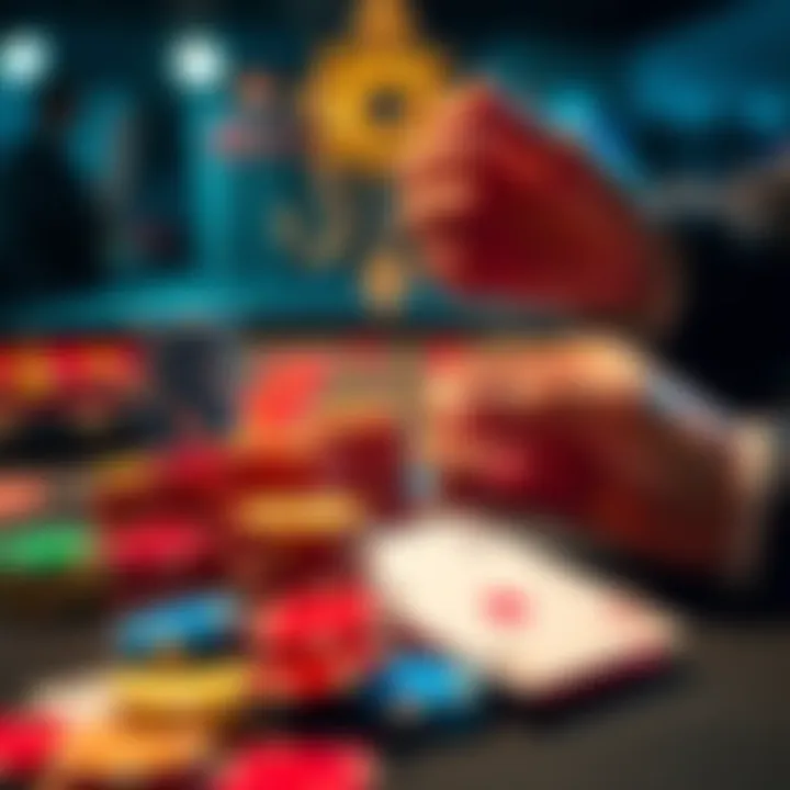 An overview of casino games featuring colorful chips, cards, and a player making a bet with a $10,000 credit.