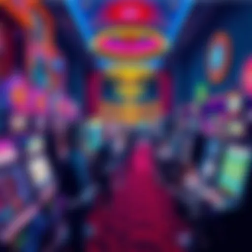 A colorful display of popular casino games in Detroit, showcasing slot machines and table games with vibrant lights and excited players.