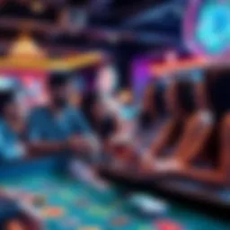 A group of people enjoying various casino games, laughing and having fun at a vibrant gaming table.