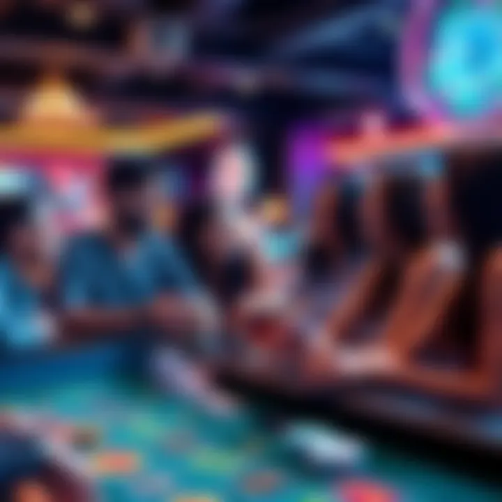 A group of people enjoying various casino games, laughing and having fun at a vibrant gaming table.