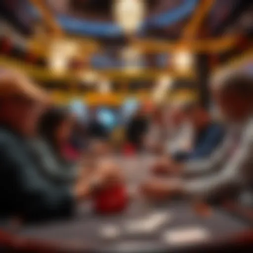 A group of people playing card games in a lively casino atmosphere during the weekend.