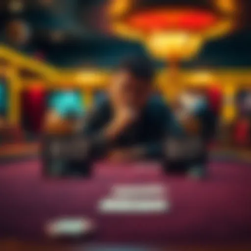 A person contemplating between two casino tables labeled H17 and S17, with poker chips and cards on the tables.