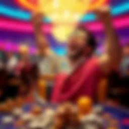 A joyful casino player celebrating a big win with $17,500 in cash at a casino in Uruguay.