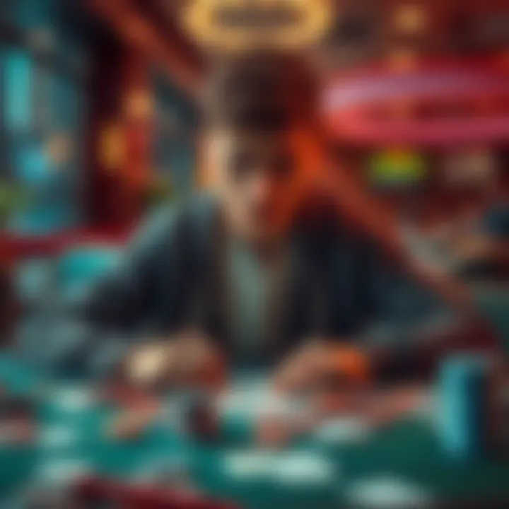 A student sits at a gaming table looking distressed after losing money while gambling, with cards and chips scattered around.