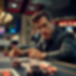 A person sitting at a casino table looking at cards with a concerned expression, surrounded by gaming chips and a dealer in the background.