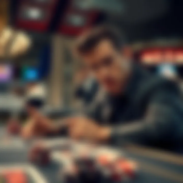 A person sitting at a casino table looking at cards with a concerned expression, surrounded by gaming chips and a dealer in the background.