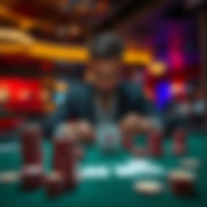 Casino Night Table A player sitting at a casino table, looking at cards while chips are stacked in front of them, showcasing a gaming atmosphere.