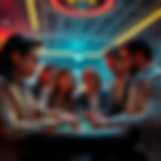 Group of people discussing opportunities in an online casino environment, showcasing excitement and collaboration