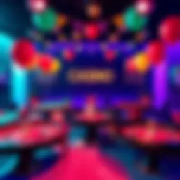 A colorful casino party scene with roulette and blackjack tables, balloons, and festive decorations.