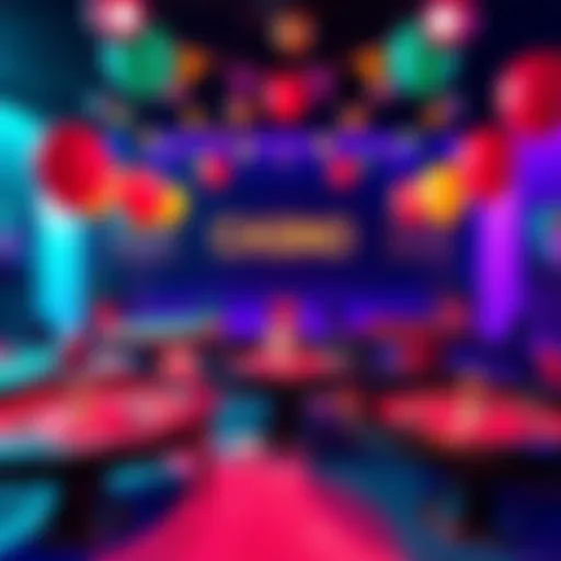 A colorful casino party scene with roulette and blackjack tables, balloons, and festive decorations.