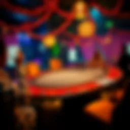 A festive casino party setup with a blackjack table, colorful decorations, and guests enjoying the games.