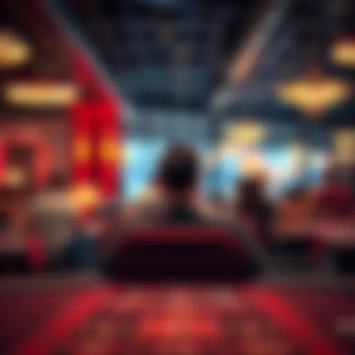 A person sitting alone at a casino table, looking contemplative while others socialize in the background
