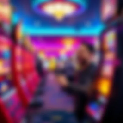 A player excitedly using a Caesars Rewards credit card at a slot machine in a vibrant Atlantic City casino, aiming for Diamond level status.
