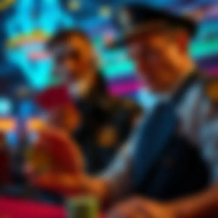 A casino security guard watches as a player holds gaming chips, illustrating the tension between casino establishments and gamblers over payouts.