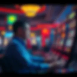 A focused casino player sitting at a slot machine, ignoring a man asking for money nearby