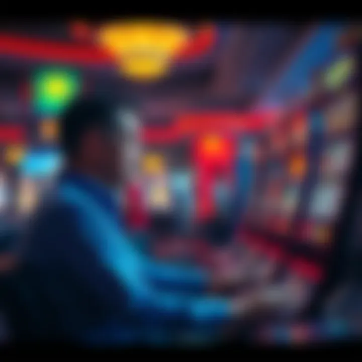 A focused casino player sitting at a slot machine, ignoring a man asking for money nearby