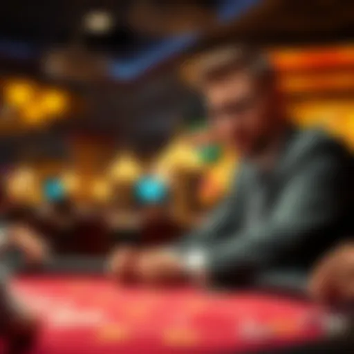 A player at a casino watching a gaming table with concern, signaling discomfort among other players.