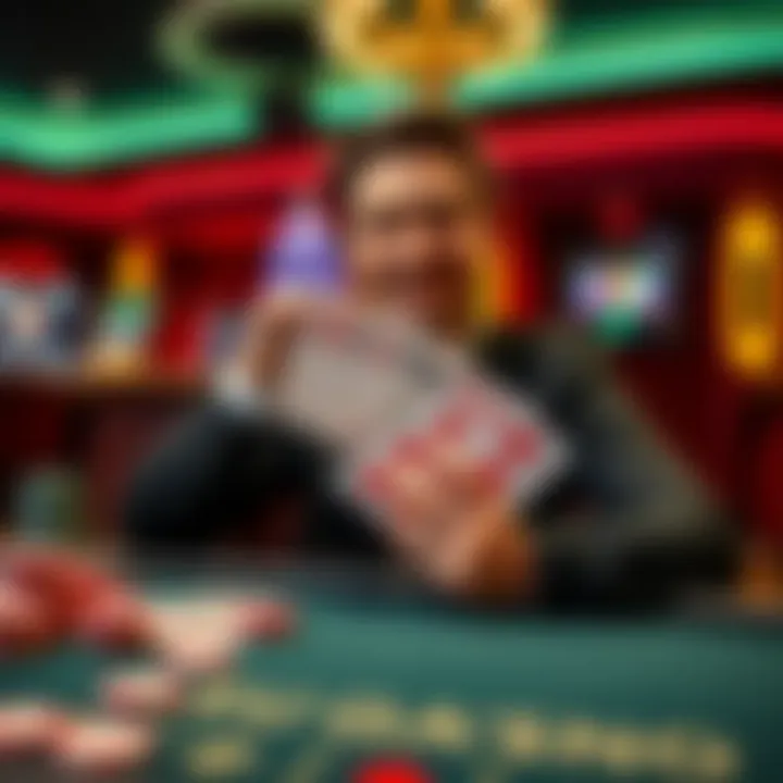 A joyful casino player holding poker cards showing a Royal Flush, celebrating a big win at a gaming table.