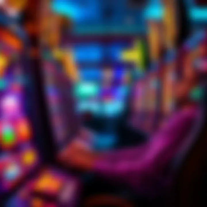 A focused casino player sitting at a slot machine, engaged in the game with a hopeful expression, surrounded by colorful lights and sounds of the casino.