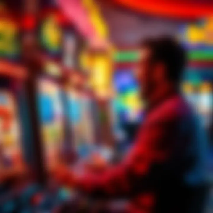 A player excitedly watches the reels spinning on a slot machine, with bright lights and colorful graphics surrounding them, representing the thrill of winning and the luck involved in gambling.