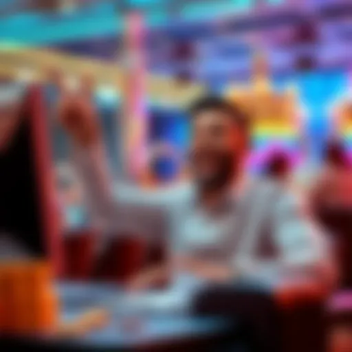Casino online player winning money A happy player celebrating a big win at an online casino, showing excitement and joy while using their computer.
