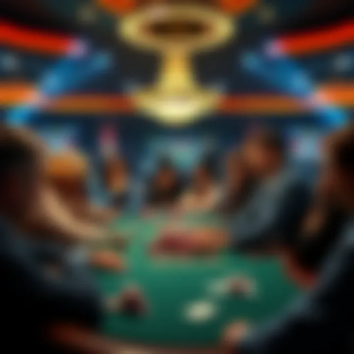 A group of players focus on their cards at a busy 1/3 casino poker table with high stakes chips visible