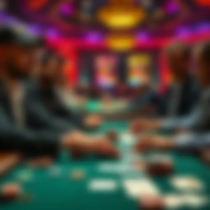 A scene showing players at Hustler Casino Live comparing their game strategies to regular players at other casinos, with poker chips and cards on the table.