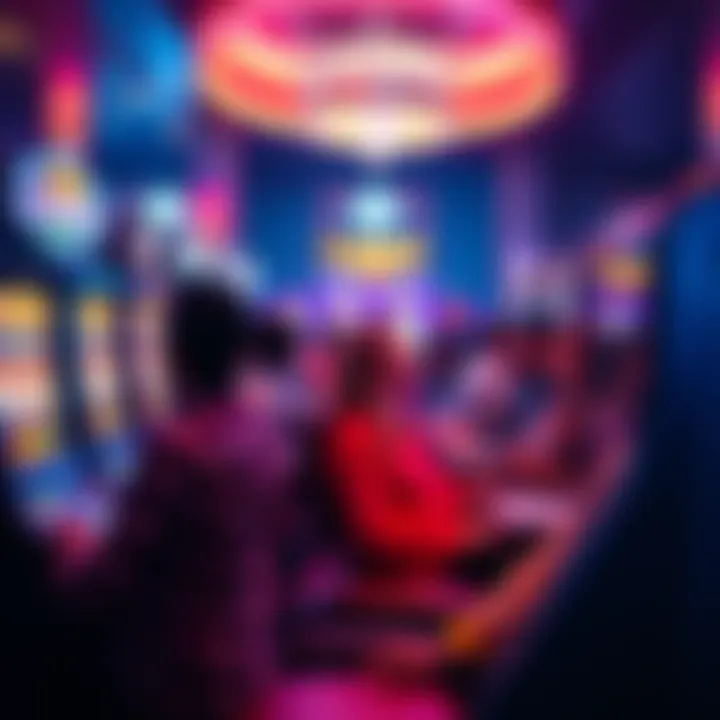 A group of people playing slot machines in a lively casino atmosphere, absorbed in their gaming experience.