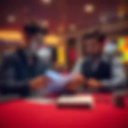 Two casino players sit at a table looking at a notepad with notes on their gaming sessions, discussing their strategies and experiences