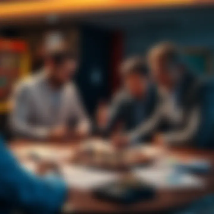 Experts discussing Casino Quest strategies with critical notes and charts on a table
