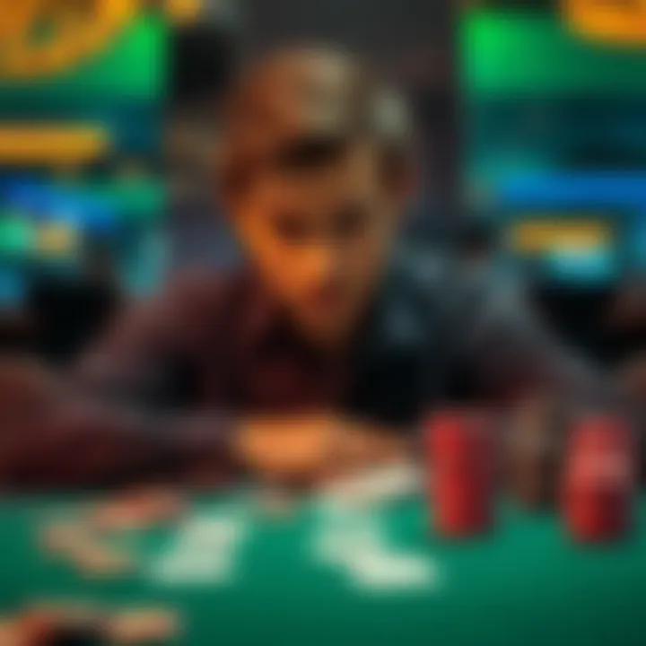 A thoughtful person sitting at a casino table, looking at chips and cards with a confused expression, symbolizing the reality of gambling losses versus wins.