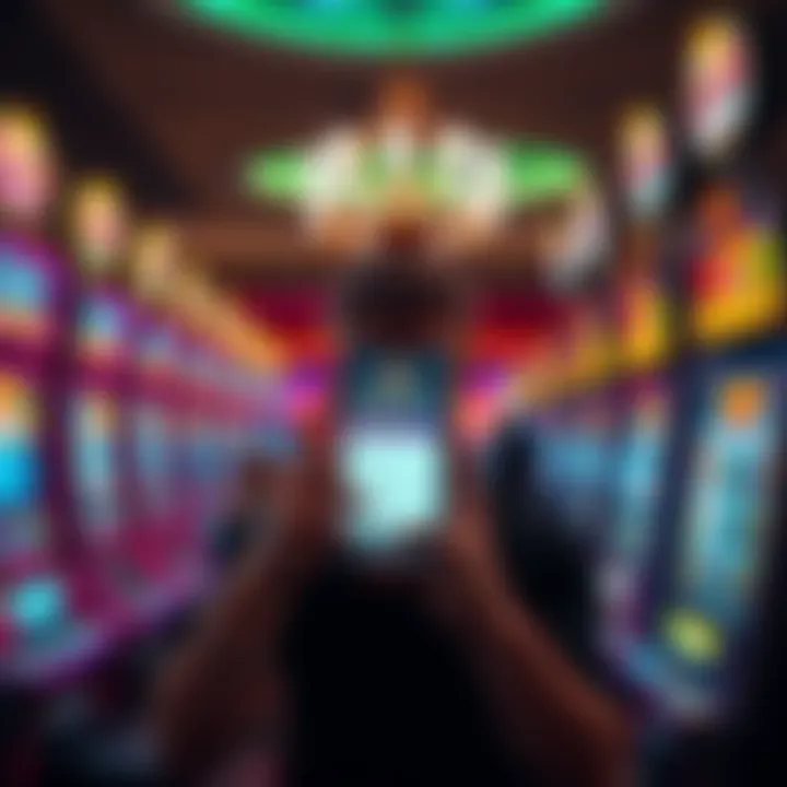 A disappointed casino player looks at their empty rewards account on a smartphone, surrounded by gaming machines in a casino.