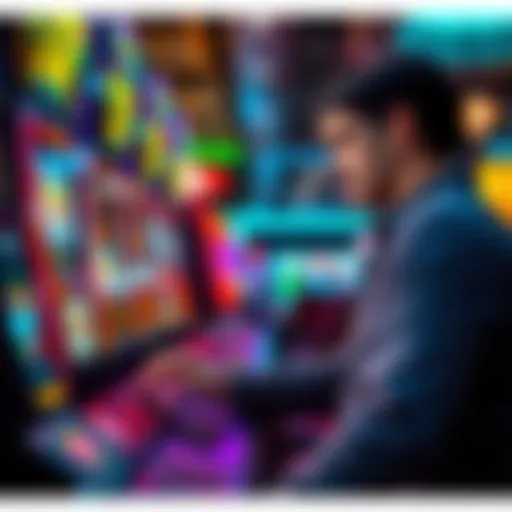 A player at a casino slot machine, surrounded by colorful lights, focusing on maximizing rewards through strategic choices.
