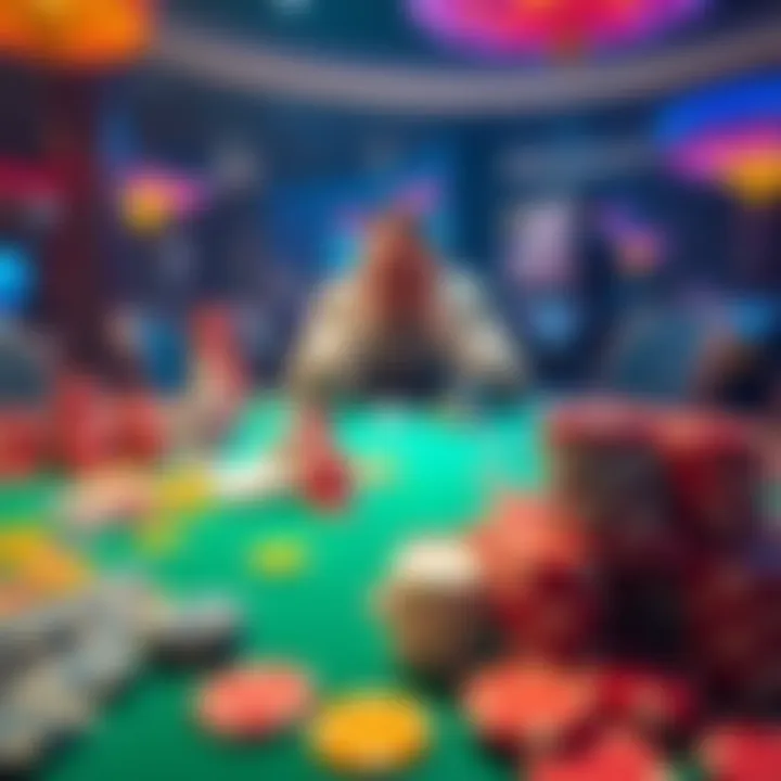 Casino Scene with Gambling Chips A table filled with colorful gambling chips and a worried person looking at their losses, reflecting a return to casinos after a long break.