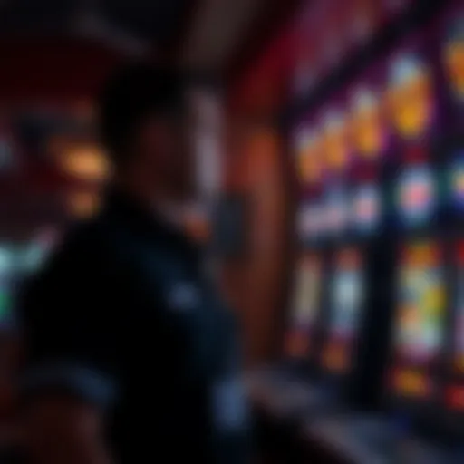A casino security guard stands in a dimly lit casino, looking thoughtful and concerned as he gazes at the slot machines. He appears conflicted about his surroundings, reflecting on his struggles with ...