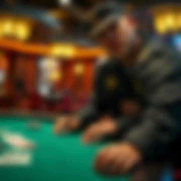 A casino security guard closely observing a player at a blackjack table, highlighting the scrutiny faced by card counters.