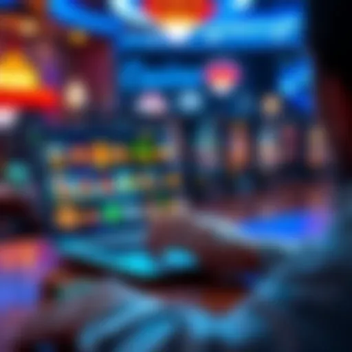 A person browsing online casinos on a laptop with colorful game icons displayed on the screen.