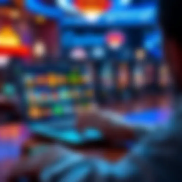 A person browsing online casinos on a laptop with colorful game icons displayed on the screen.