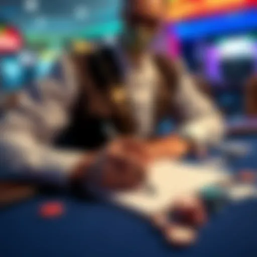 A person writing down their casino session results in a notebook while sitting at a gaming table with chips and cards around.
