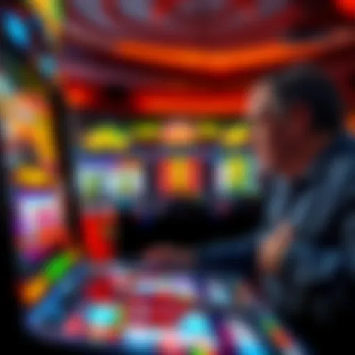 A slot machine in a casino, with a drink spilled on it and a concerned player looking confused at the screen.