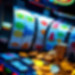 A close-up view of a casino slot machine displaying colorful symbols and coins spilling out