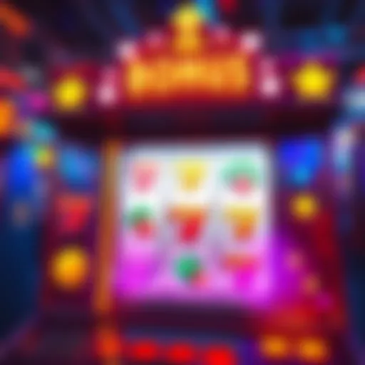 A colorful casino slot machine displaying various bonus icons and symbols, attracting people to play.