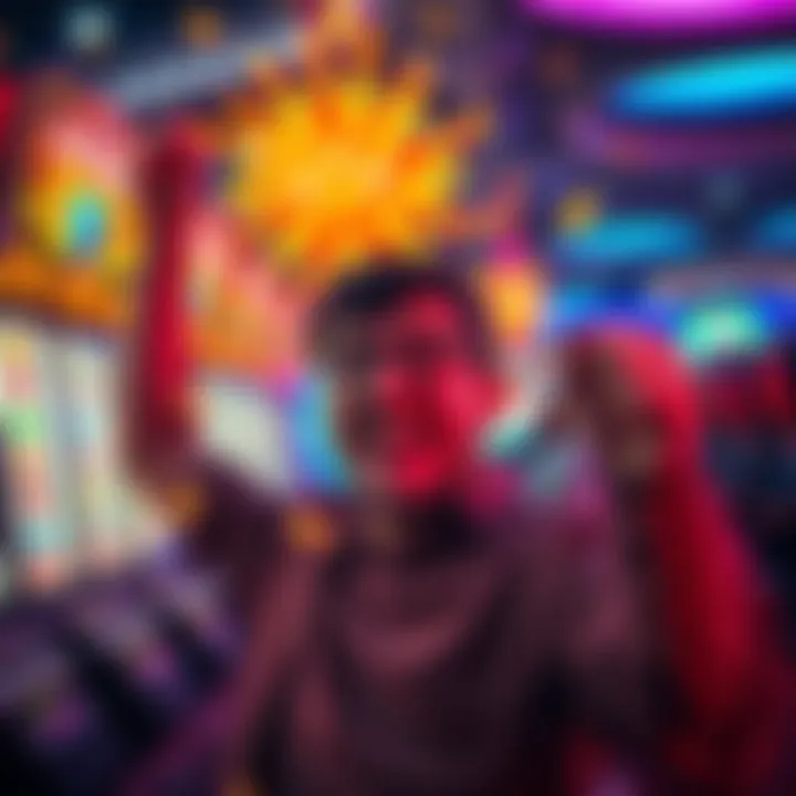 A person celebrating a win at a casino slot machine with a big smile, surrounded by colorful lights and coins, showcasing the excitement of a personal victory.