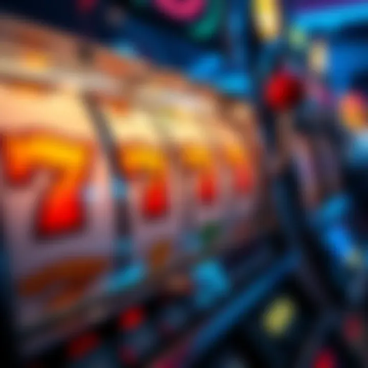 Casino slot machine with winning symbols A close-up of a casino slot machine displaying winning symbols and flashing lights, indicating a successful spin
