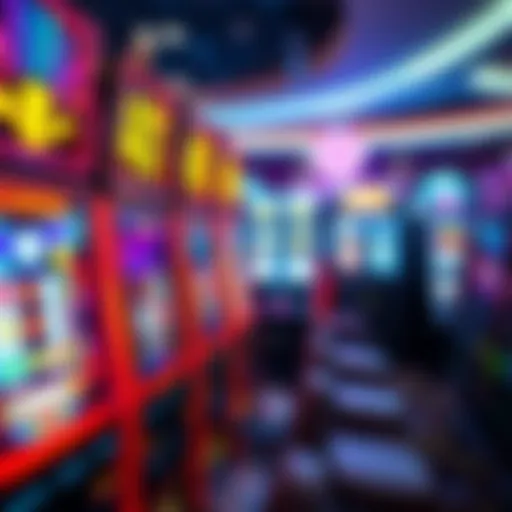A close-up view of colorful slot machines in a casino, showing spinning reels and bright lights, representing the RTP management in gaming.