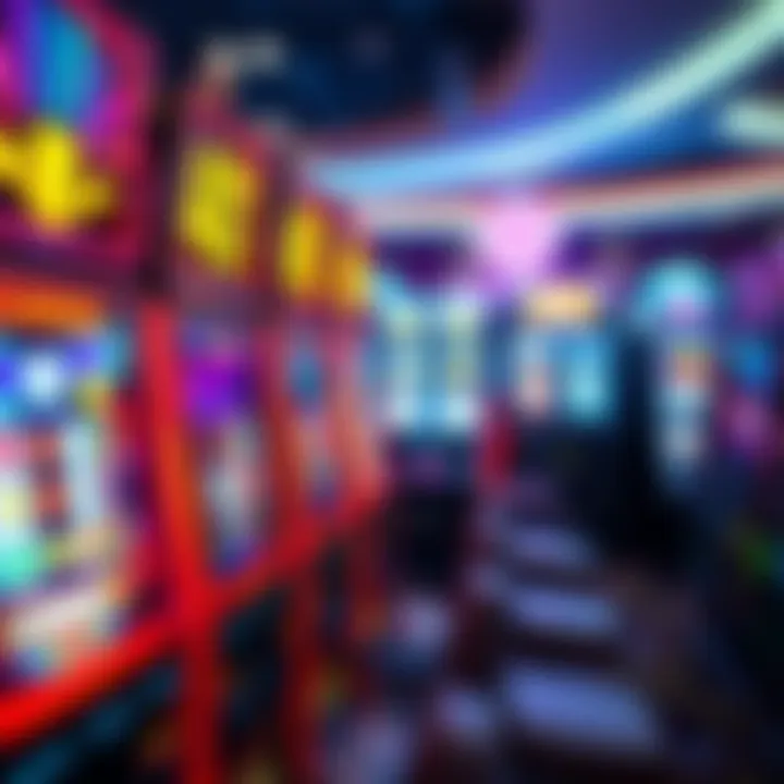 A close-up view of colorful slot machines in a casino, showing spinning reels and bright lights, representing the RTP management in gaming.