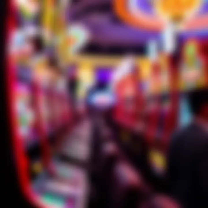 A close-up view of colorful casino slot machines with people playing, highlighting the excitement of gambling.