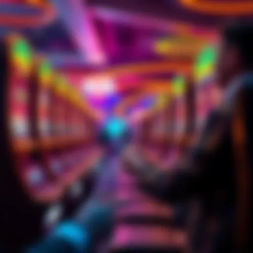 Colorful slot machines in a casino setting with a player celebrating a win