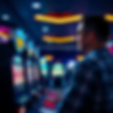 Casino Slots Recommendation A player looking at various slot machines in a casino with a bonus offer displayed on the screen